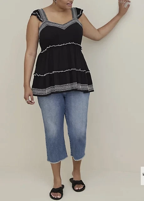 Torrid Top 5 Womens Size 5x Babydoll Black Boho ruffle Embroidered Sleeveless