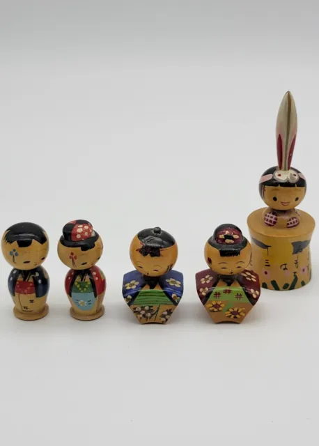 Lot of 5 Vintage Wooden Japanese Hand Painted Bobble Head Kokeshi Dolls 1.75"