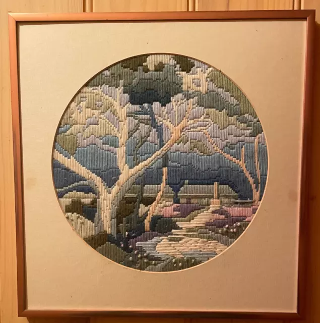 Framed Completed Trees & House Long Stitch, Bronze frame  #19