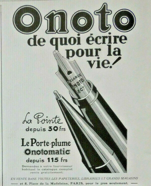 PUBLICITÉ DE PRESSE 1929 LE PORTE-PLUME ONOTOMATIC LA POINTE 30 Frs