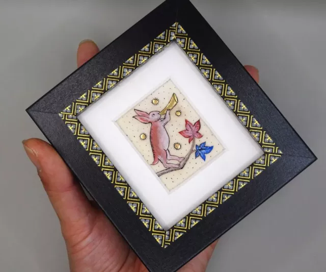 Medieval Hare with trumpet original handmade miniature painting illuminated