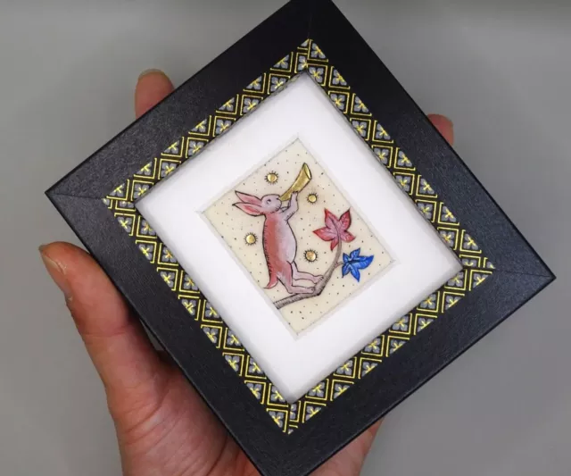 Medieval Hare with trumpet original handmade miniature painting illuminated Medieval Hare with trumpet original handmade miniature painting illuminated