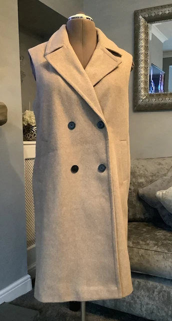 MATALAN SLEEVELESS DOUBLE Breasted Camel Beige Long Coat size 14 12.99 PicClick UK