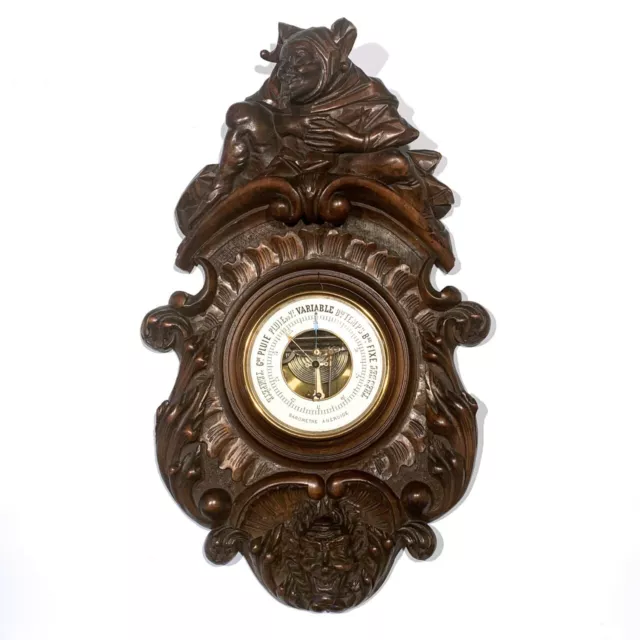 Antique French Wooden Barometer, “Black Forest” Style, Joker, Grotesque, Devil