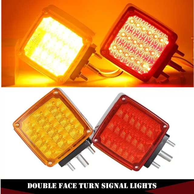 2Pcs Amber+Red Square LED Double Face Stud Mount Cab Fender Turn Signal Lights