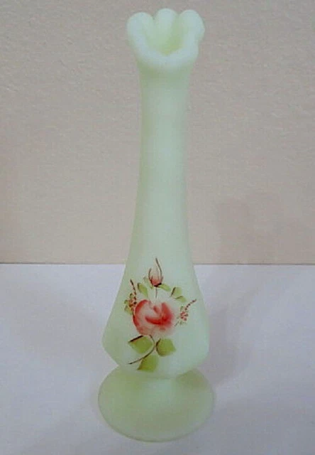 VINTAGE FENTON HAND Painted Signed Custard Uranium Glass Bud Vase Glows