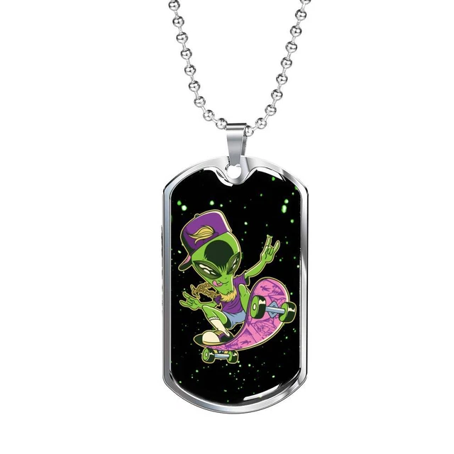 Skater Alien Necklace UFO Alien Fan Gift Stainless Steel or 18k Gold Dog Tag 24"