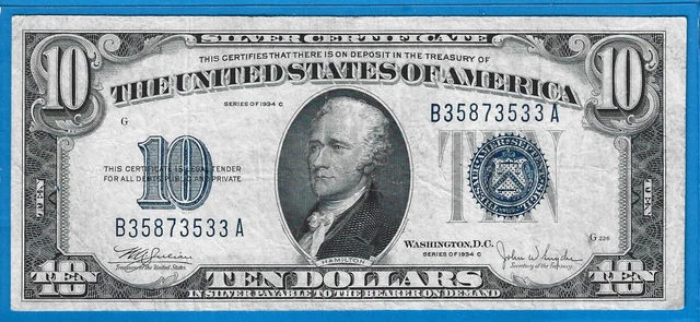 1934 C $10 Silver Certificate Note,Blue Seal,Circ VF,Nice!