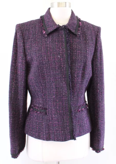 Tahari Studio Womens Black Purple Gray Fringe Tweed Blazer Jacket Size 10 Wool