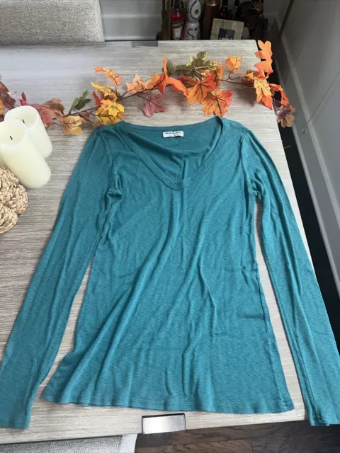 New Michael Stars Teal  V  Neck Long Sleeve Tee Shirt