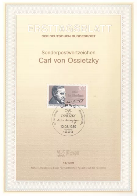 Ersttagsblatt   B  1989/14   " Karl Von Ossietzky "    Berlin