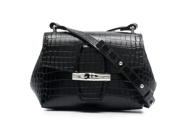 Longchamp Roseau Black Croc Leather Crossbody Crocodile Bag NWT