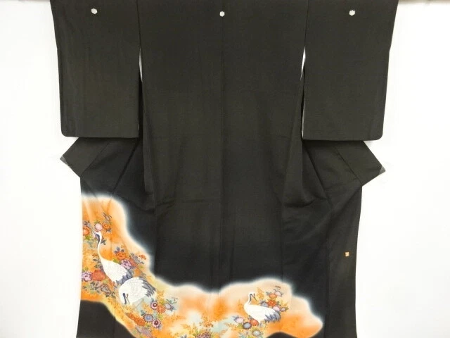 39242# Japanese Kimono / Antique Tomesode / Embroidery / Cranes & Floral Pla