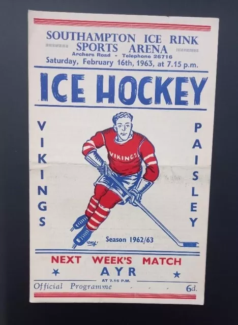 Ice Hockey Programme 16 February 1963 - SOUTHAMPTON VIKINGS v. PAISLEY