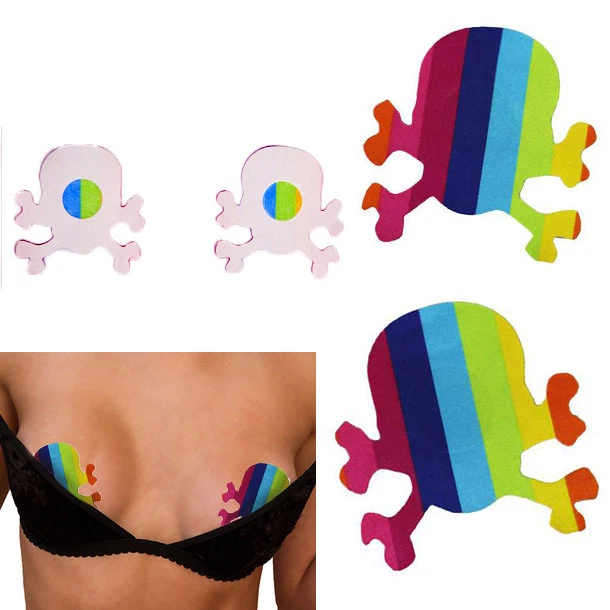 Skull Crossbone Nipple Cover Rainbow Breast Pastie Adhesive Costume Fantasy Fest