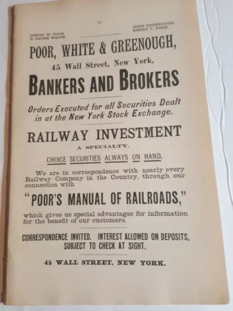 ☆ 1884 print ad POOR WHITE & GREENOUGH banker broker railway investment NYC