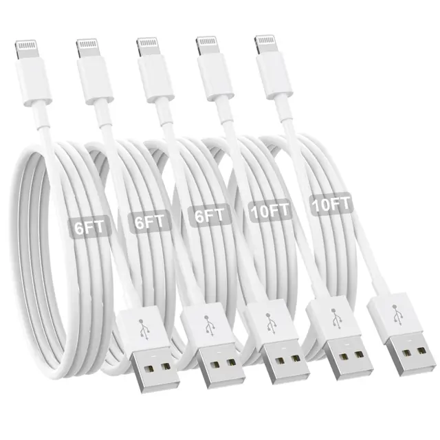 Iphone Charger [Apple Mfi Certified] 5Pack 6/6/6/10/10 FT Long Lightning Cable F