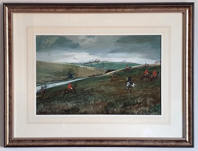Michael Lyne (1912-1989) Originale Firmato Acquerello Caccia A Caccia Di Una Collina