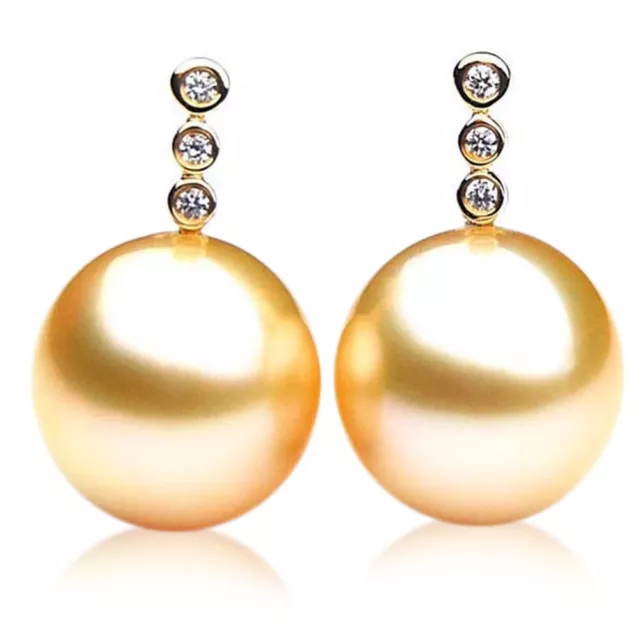 Pacific Pearls Genuine 12 mm Diamonds Australian Golden South Sea Pearl Earrings