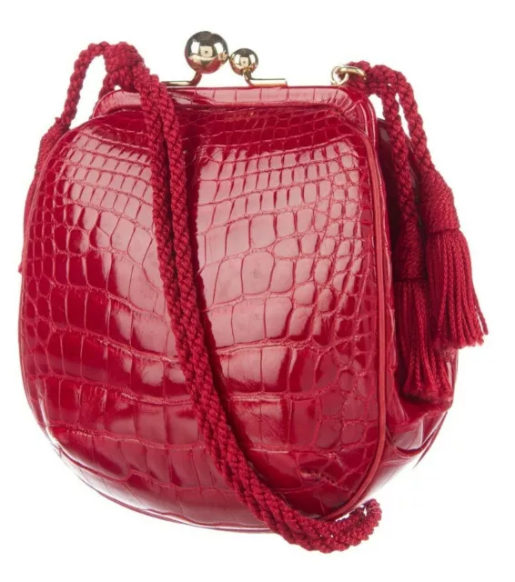 Judith Leiber Alligator Skin Red Gold Day Evening Handbag Crossbody Tassel