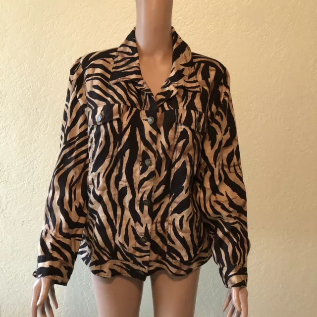 Carole Little Women’s Size XL Brown Animal Print Zebra Jacket Linen/Cotton Blend