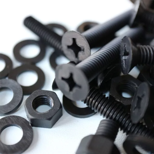 20x Black Countersunk Plastic Nuts & Bolts, Washers, M6 x 40mm, Screws