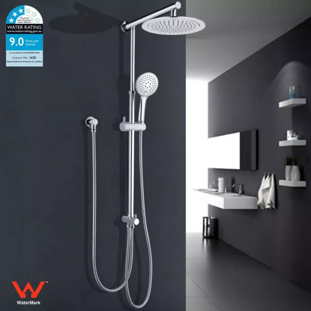 WELS Twin Round 9" Rainfall Shower Head Handheld Sliding Rail Wall Arm Chrome