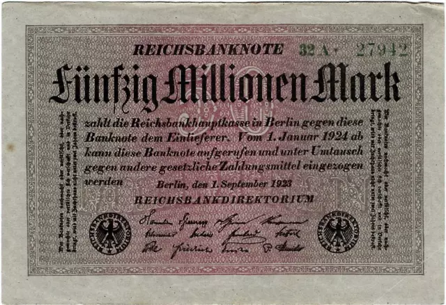 Reichsbanknote 50 Millionen Mark 1923 Reichsbank DEU-122a Ro.108a P-109