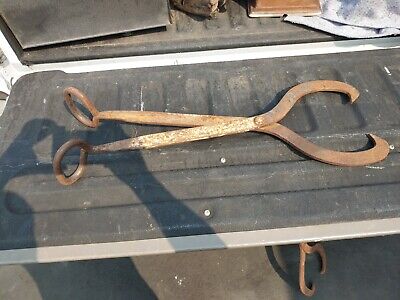 Large Antique Primitive Hand Forged Iron Ice Block/ Log Tongs 30" Tall