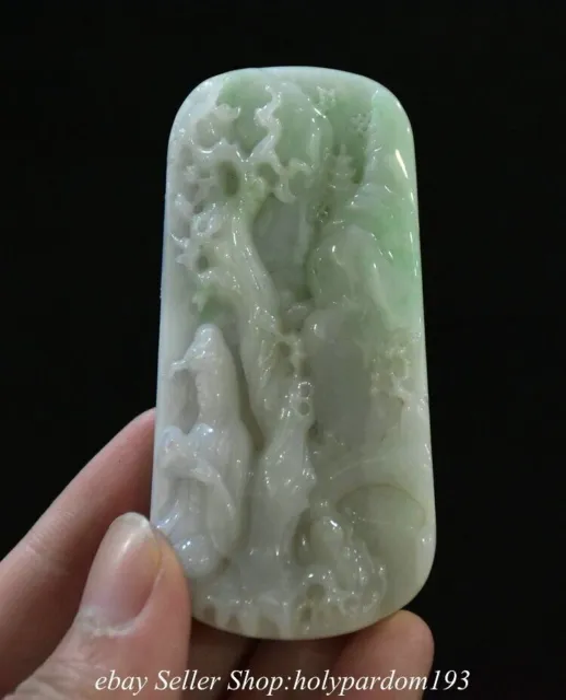 3" Old Chinese Natural Emerald Jade jadeite Carved Tree Guan Yin Pendant Amulet