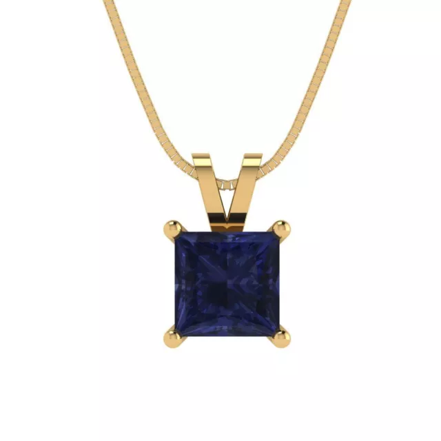 1.0 ct Princess Cut Blue Sapphire Simulated Pendant 18" chain 14k Yellow Gold