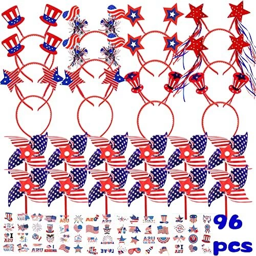 UMEELR 96 Pcs Patriotic Party Favor of 12 Headbands, 12 Pinwheels and 72