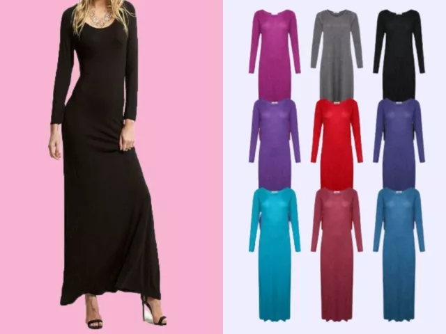 Womens Long Sleeve Long Maxi Dress Ladies Plain Maxi Jersey Plus Size 8-26