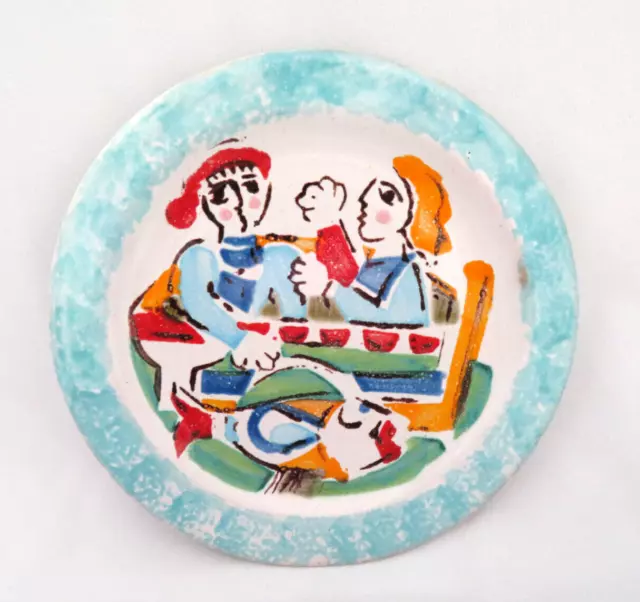 Vintage MCM Desimone Pottery Plate Italy  8 1/4"  MINT  "Man & Woman Eating"