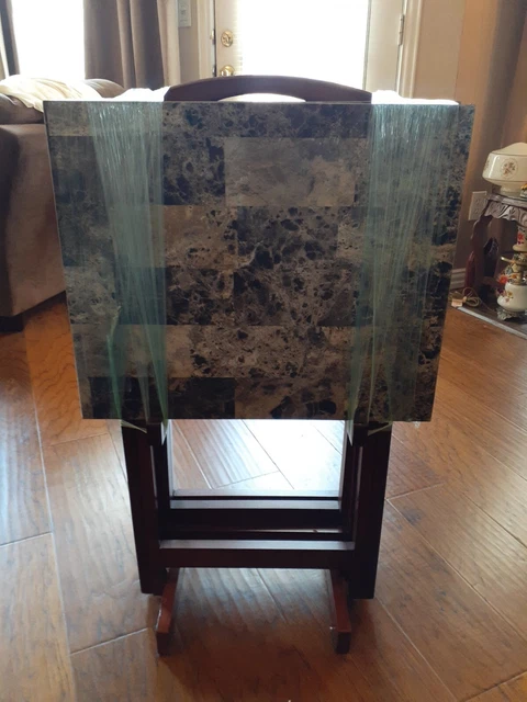 GORGEOUS NEW Linon Faux Marble Wood TV Tray Stands Set of 4