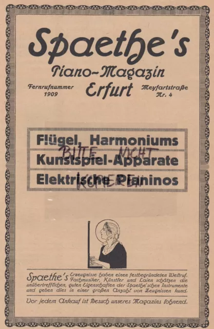 ERFURT, Werbung 1920, Spaethe's Piano-Magazin Flügel Harmonium Kunstspiel-Appara