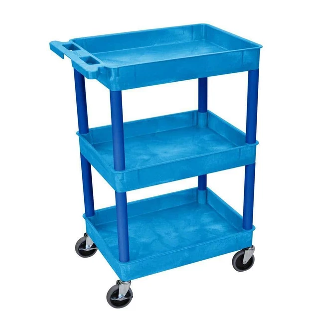 H Wilson Utility Cart 18" x 24" 3-Tub Scratch Resistant Ergonomic Plastic Blue