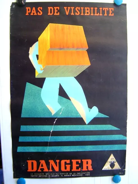 AFFICHE SECURITE INS litho ancienne 1960 : PAS VISIBILITE - DANGER