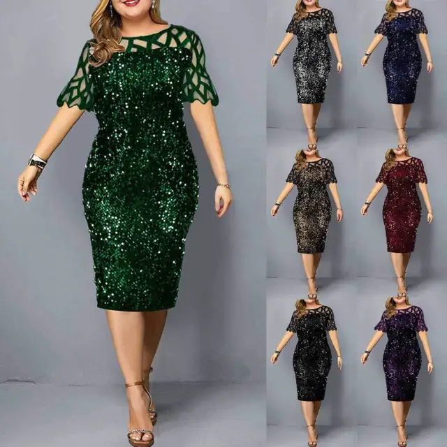Womens Sequin Lace Cocktail Midi Dress Ladies Party Dress Evening Gown Plus Size