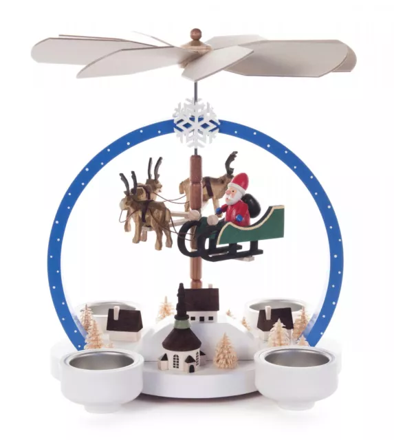 Colorful Flying Santa in Sleigh with Reindeer German Tea Light Pyramid