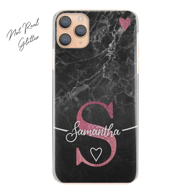 Personnalisé Initiale Téléphone Étui ;p Encre Coeur sur Noir Marbre Rigide À Nom