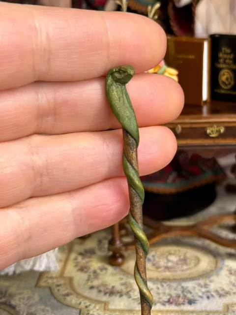 Vintage Artisan Miniature Dollhouse Carved Wood Green Cobra Walking Cane OOAK