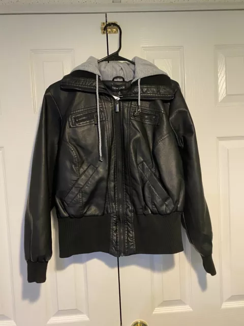 New Look Faux Leather Moto Bomber Jacket With Hood Big Kids Size XL