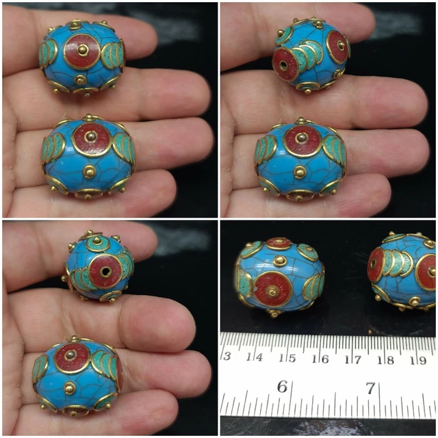 Nepalese Tibetan Handmade Amber (Resin)Turquoise Coral Inlay 2 Beads Beautifull