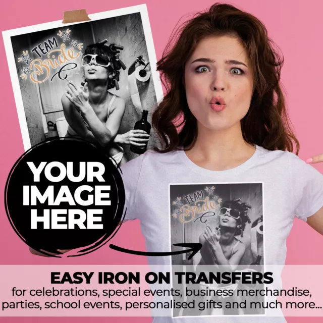 Custom Iron on T-shirt Transfers Personalised Your Image Photo Design Hen  Stag Nights Stickers Fancy Dress 