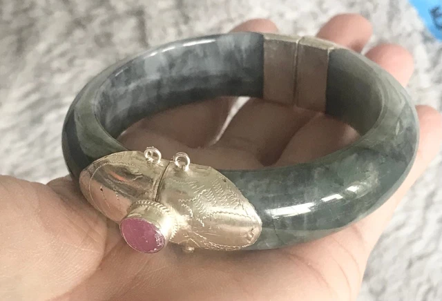 7.1" 925 Silver Handmade Genuine Black Burmese Jade Women Bangle Bracelet