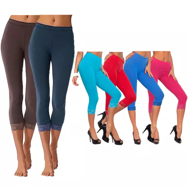 Womens Lace Trim 3/4 Leggings Plain Capri Stretchy Gym Active Yoga Cropped  Pants