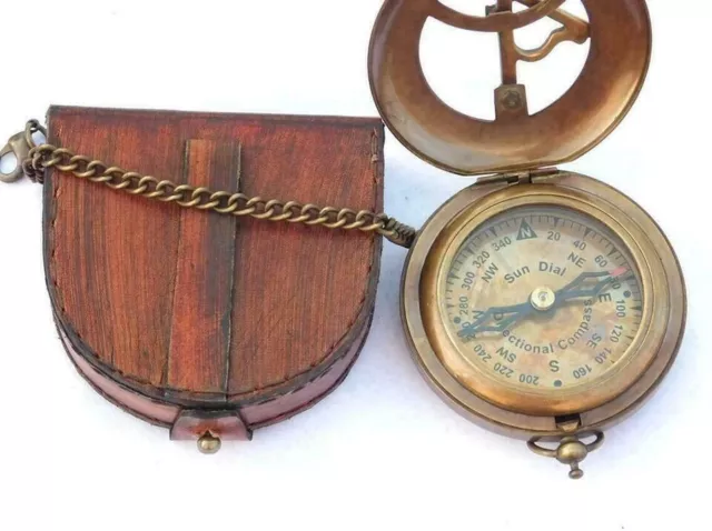 Vintage Maritime Pocket Sundial Nautical Brass Compass With Antique Leather Case 2