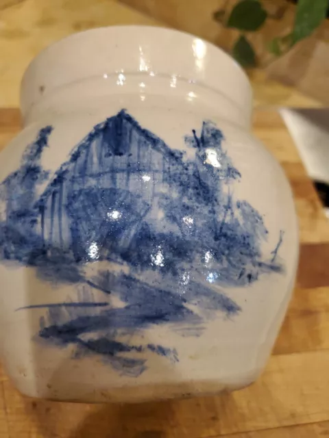 Paul Storie Pottery Crock Vase Utensil Holder 6" T  Blue Barn