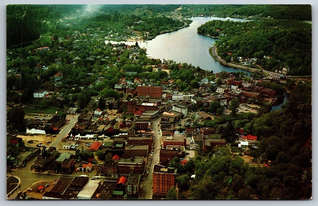 Vintage Postcard Aerial View of Saranac Lake Buildings Mountains New York NY